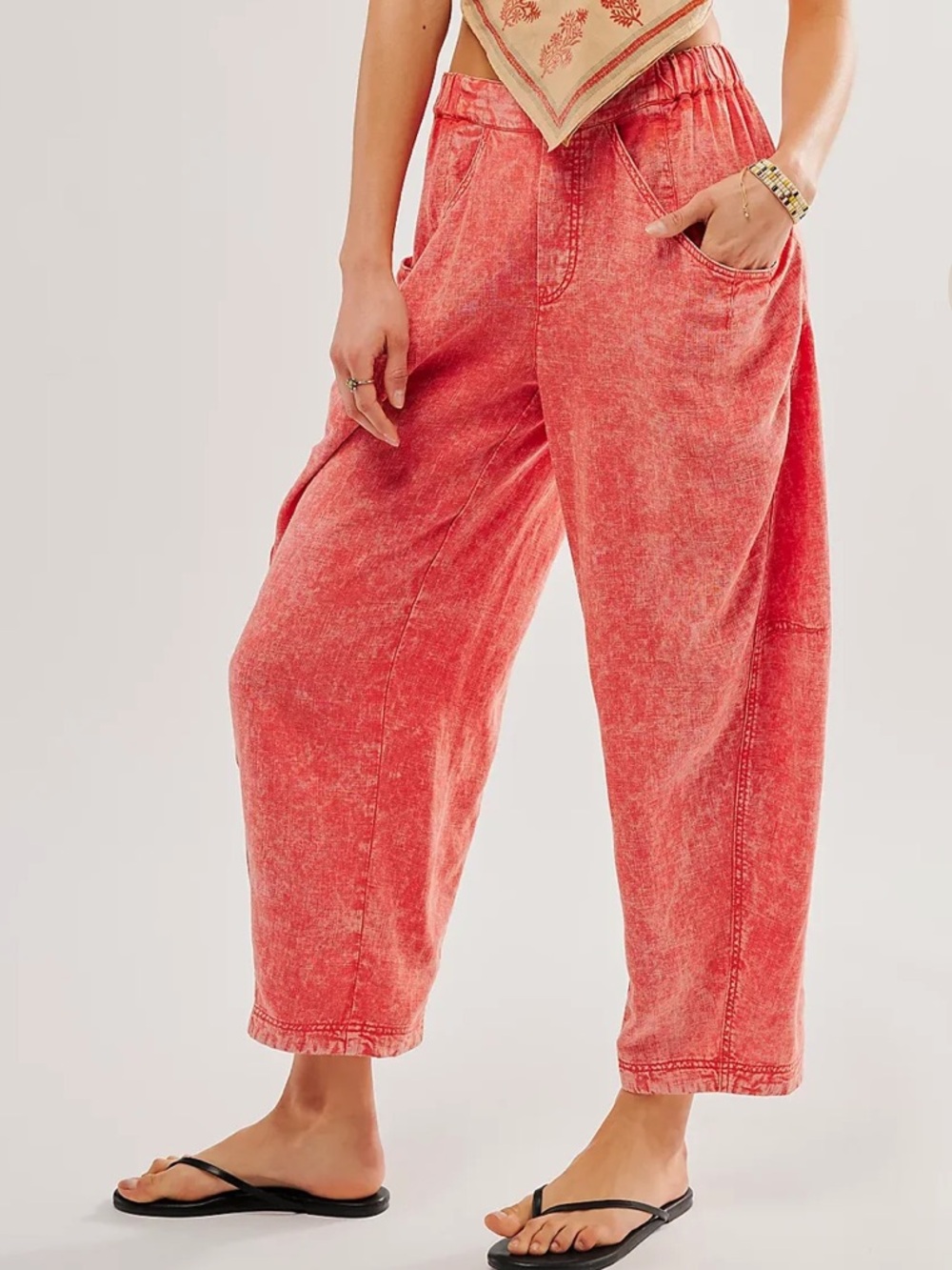 | FREE PEOPLE HIGH ROAD PULL ON BARREL PANTS - MANDARIN RED 6784